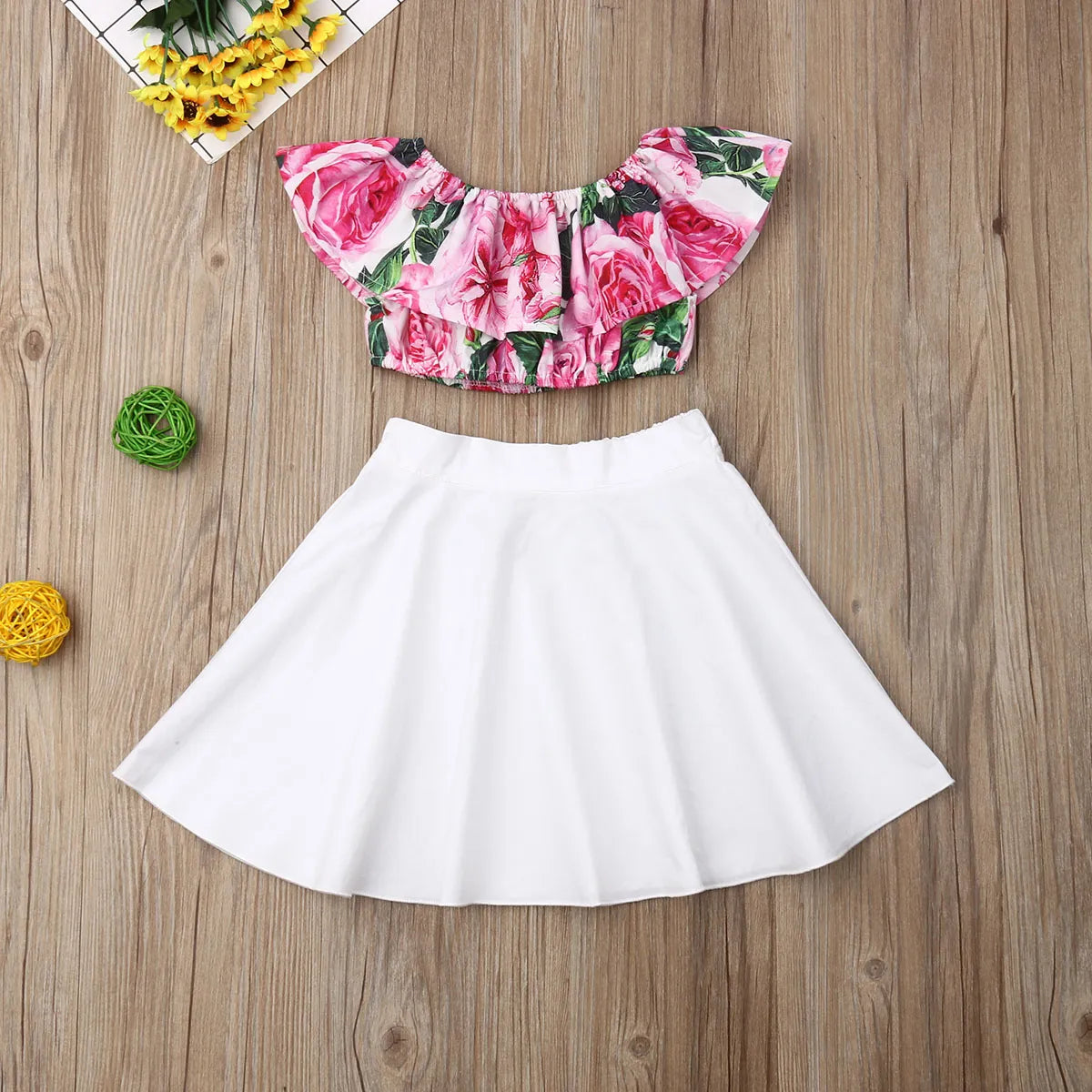 Girl Summer Clothes Set Floarl Print Off Shoulder Tops+Solid Skirt set
