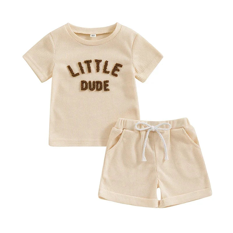 Fuzzy Letter Waffle Short Sleeve T-Shirts Tops Elastic Waist Shorts Set Outfit