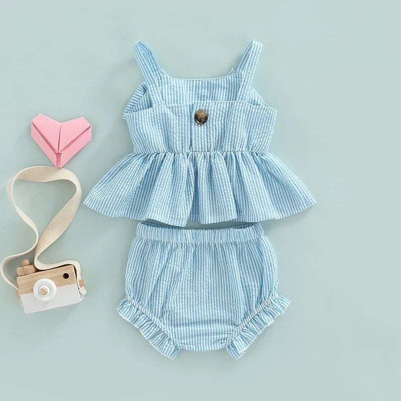 Girl 2Pcs Sweet Clothing Set Striped Print Big Bow Embellished Vest