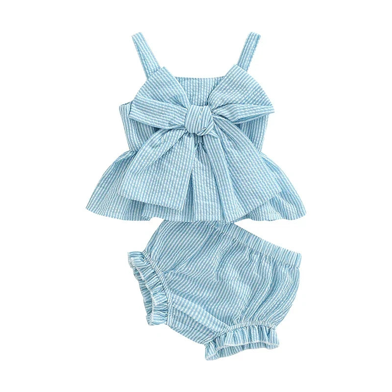 Girl 2Pcs Sweet Clothing Set Striped Print Big Bow Embellished Vest
