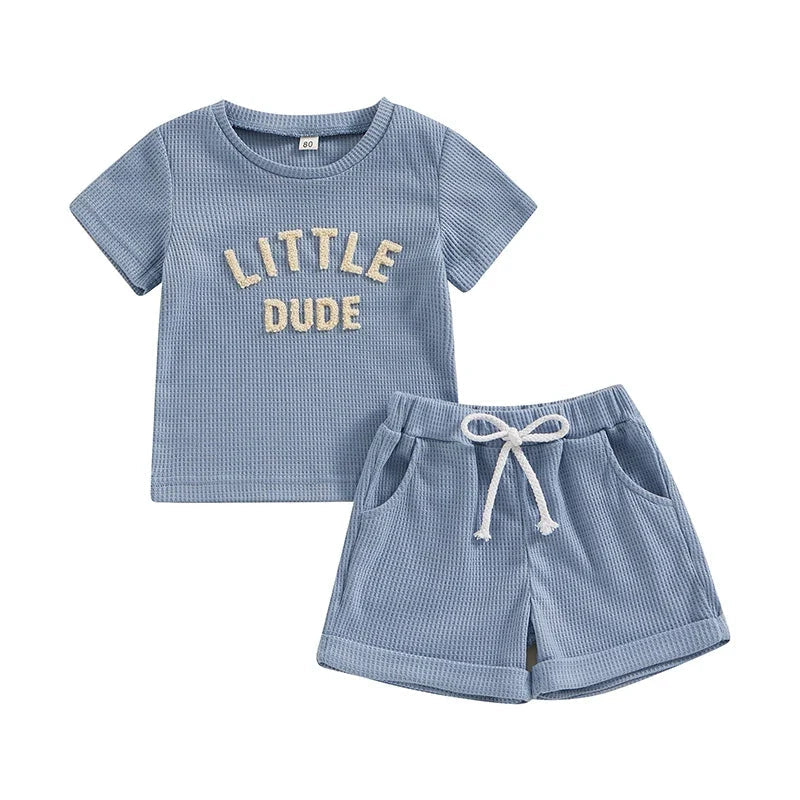 Fuzzy Letter Waffle Short Sleeve T-Shirts Tops Elastic Waist Shorts Set Outfit