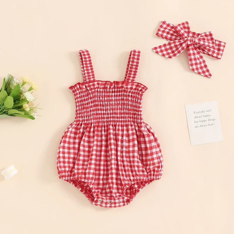 Girl Summer Fashion Bodysuit Sleeveless Plaid Solid Floral Printed Jumpsuit