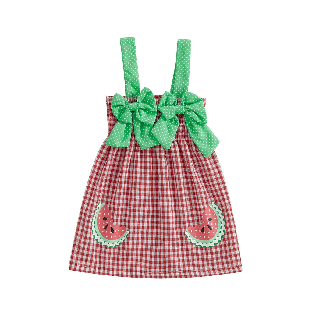 Girl Slip Dress Sweet Bows Watermelon Print Plaid Infant Sundress