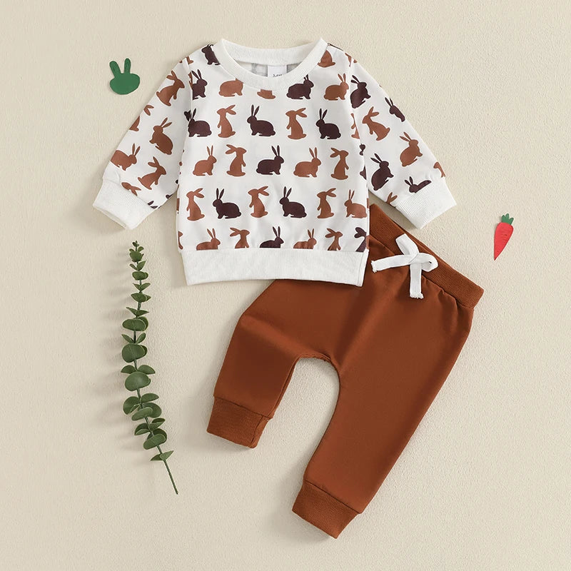 Easter Outfit, Long Sleeve Crew Neck Letters Print Sweatshirt with Elastic Waist Sweatpants