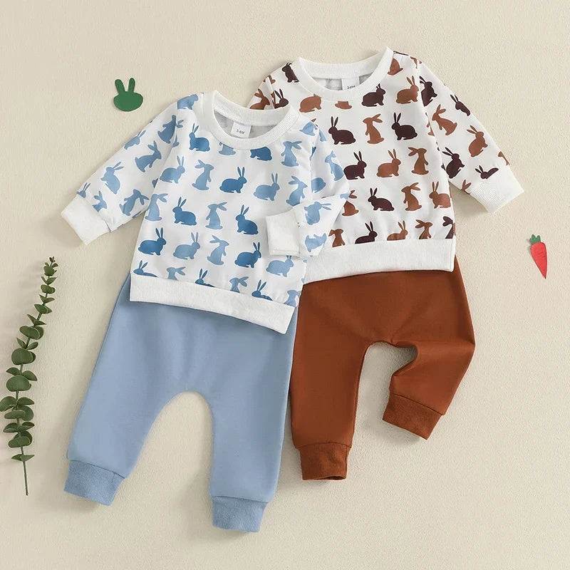 Easter Outfit, Long Sleeve Crew Neck Letters Print Sweatshirt with Elastic Waist Sweatpants