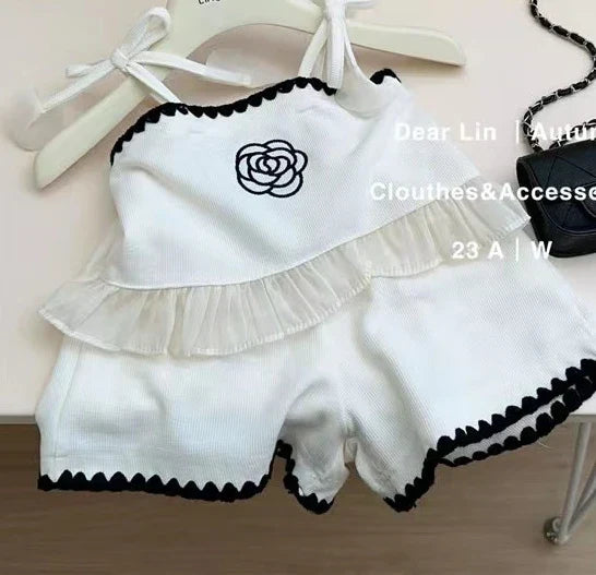 Embroidered Flower. Princess Sling + Shorts 2-piece Outfit Set
