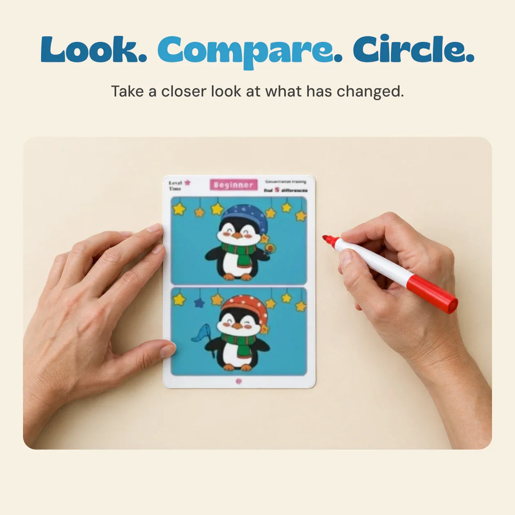 TibaToes™ Find the Difference Cards: Reusable Concentration Training Game for Toddlers & Kids (3 Levels)