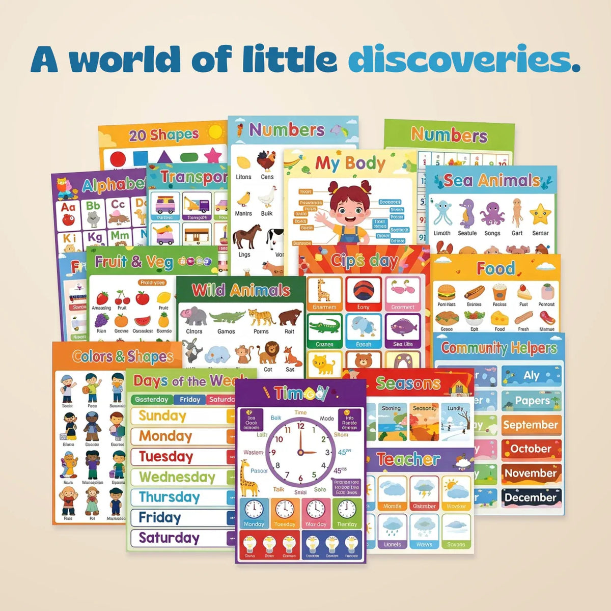 TibaToes™ Montessori Learning Posters: 20-Piece Educational Wall Chart Set for Toddlers & Preschoolers